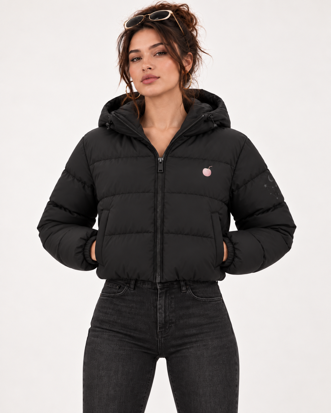PinkyCoco Celestial black cropped puffer jacket straight front view