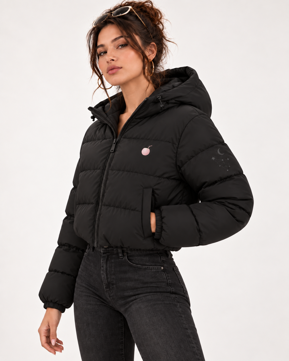 PinkyCoco Celestial women's hooded puffer jacket three-quarter front view