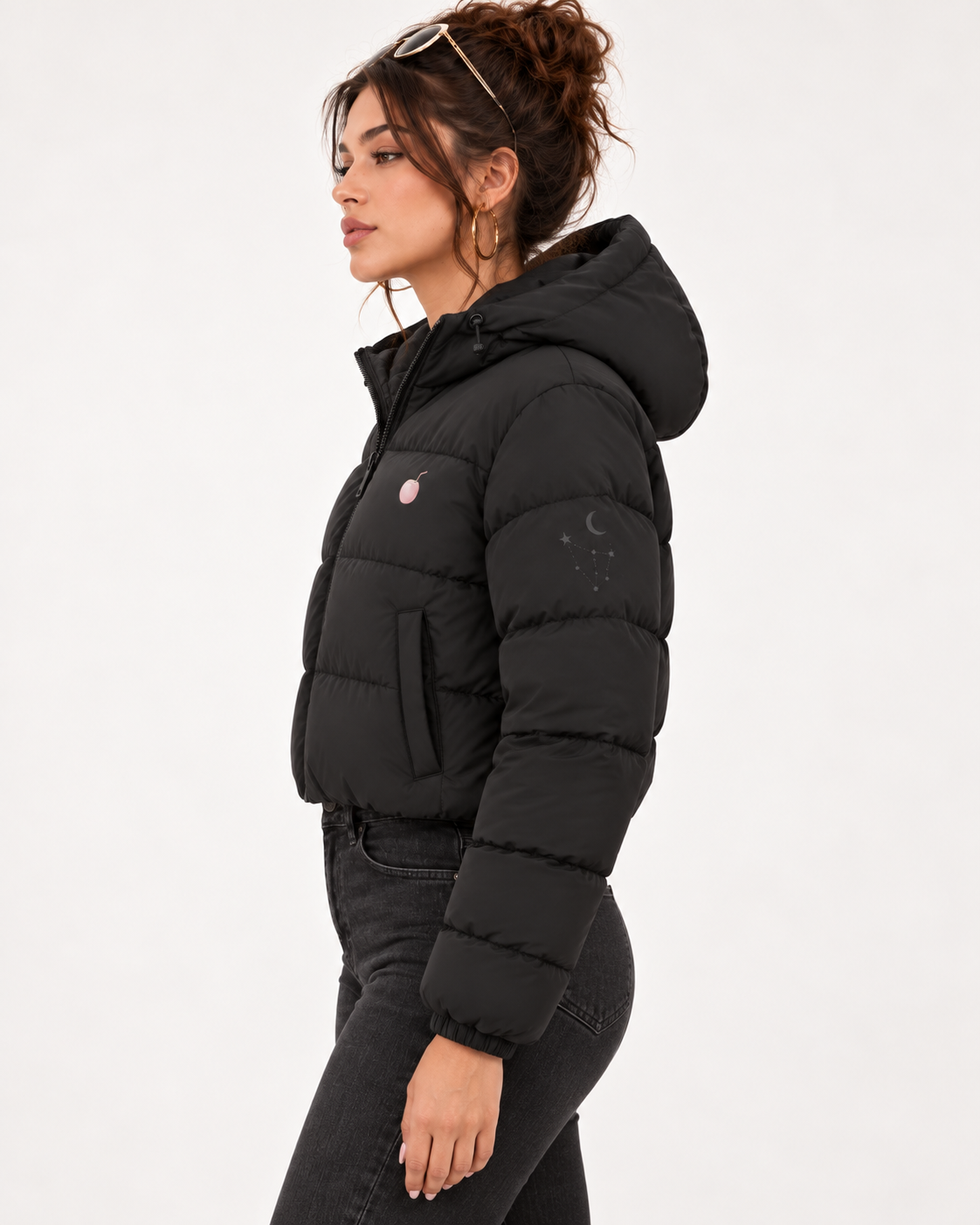 PinkyCoco Celestial black puffer jacket side profile view