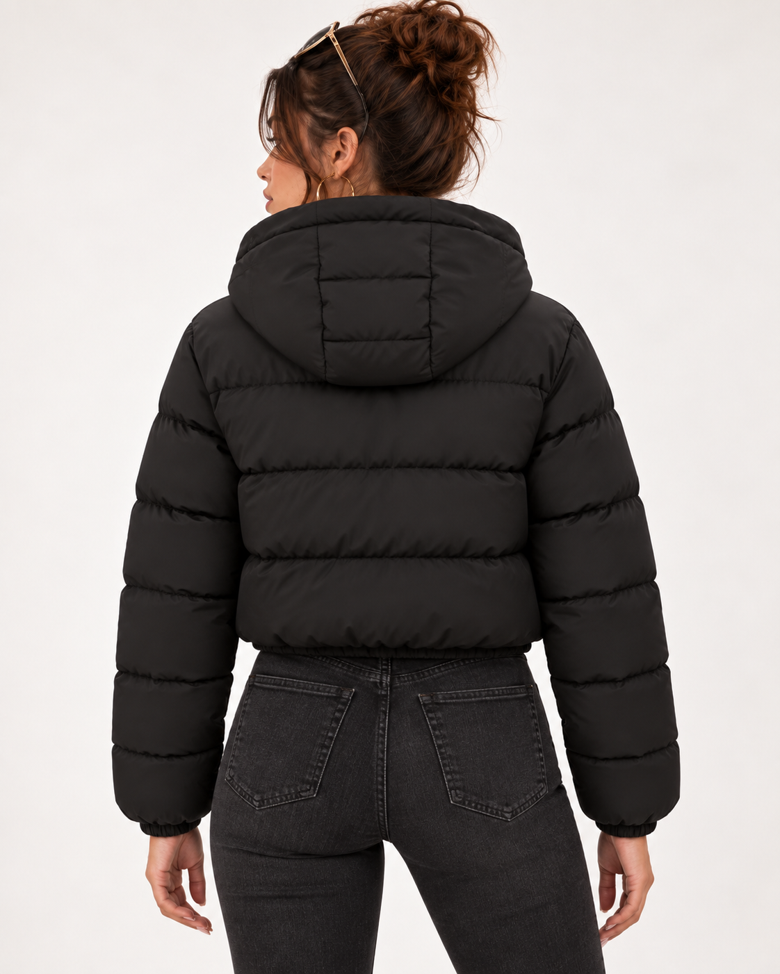 PinkyCoco Celestial women's black hooded puffer jacket back view