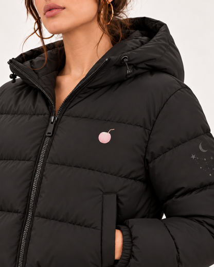 PinkyCoco Celestial puffer jacket hood zipper and chest logo detail