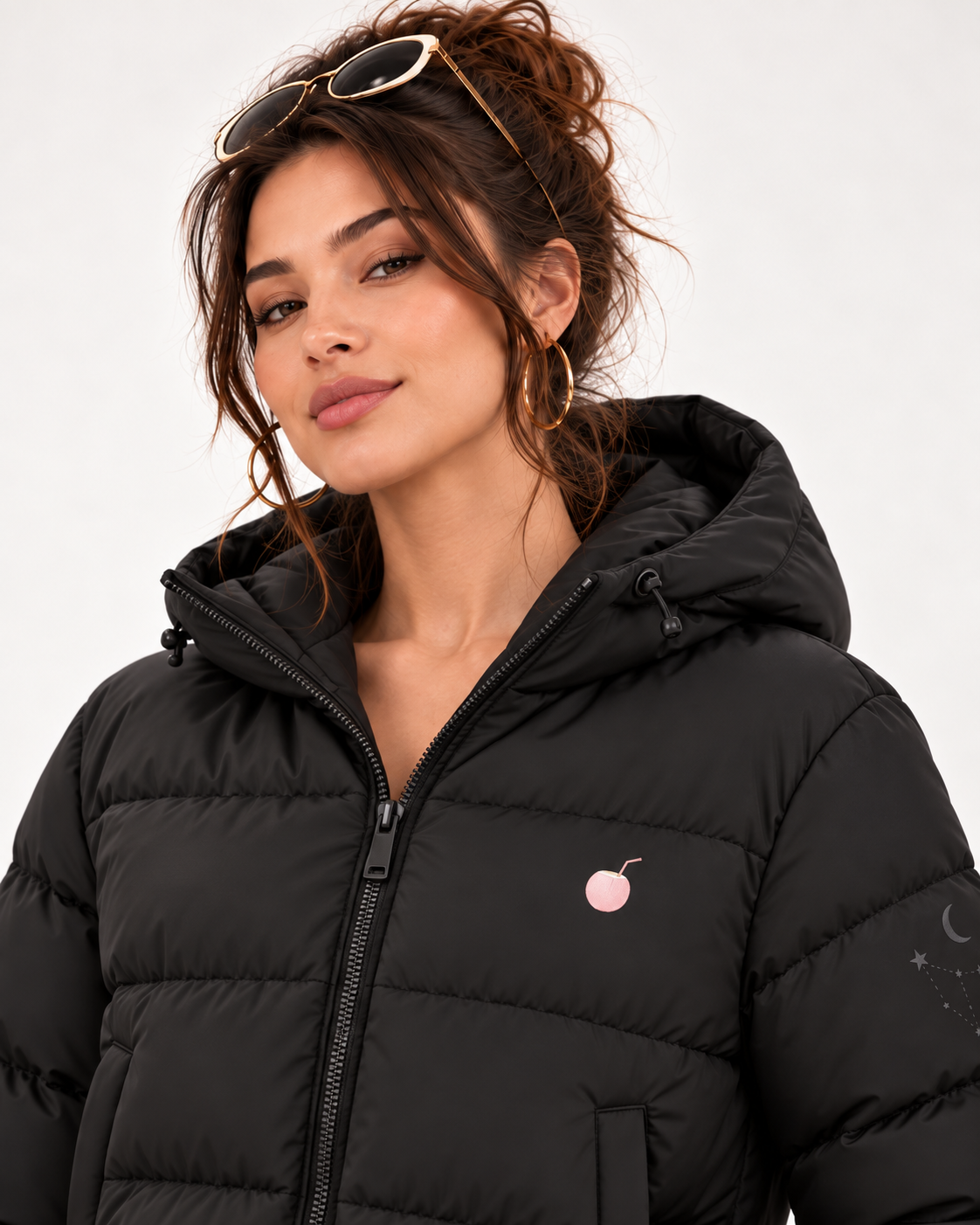 PinkyCoco Celestial women's black puffer jacket close portrait view