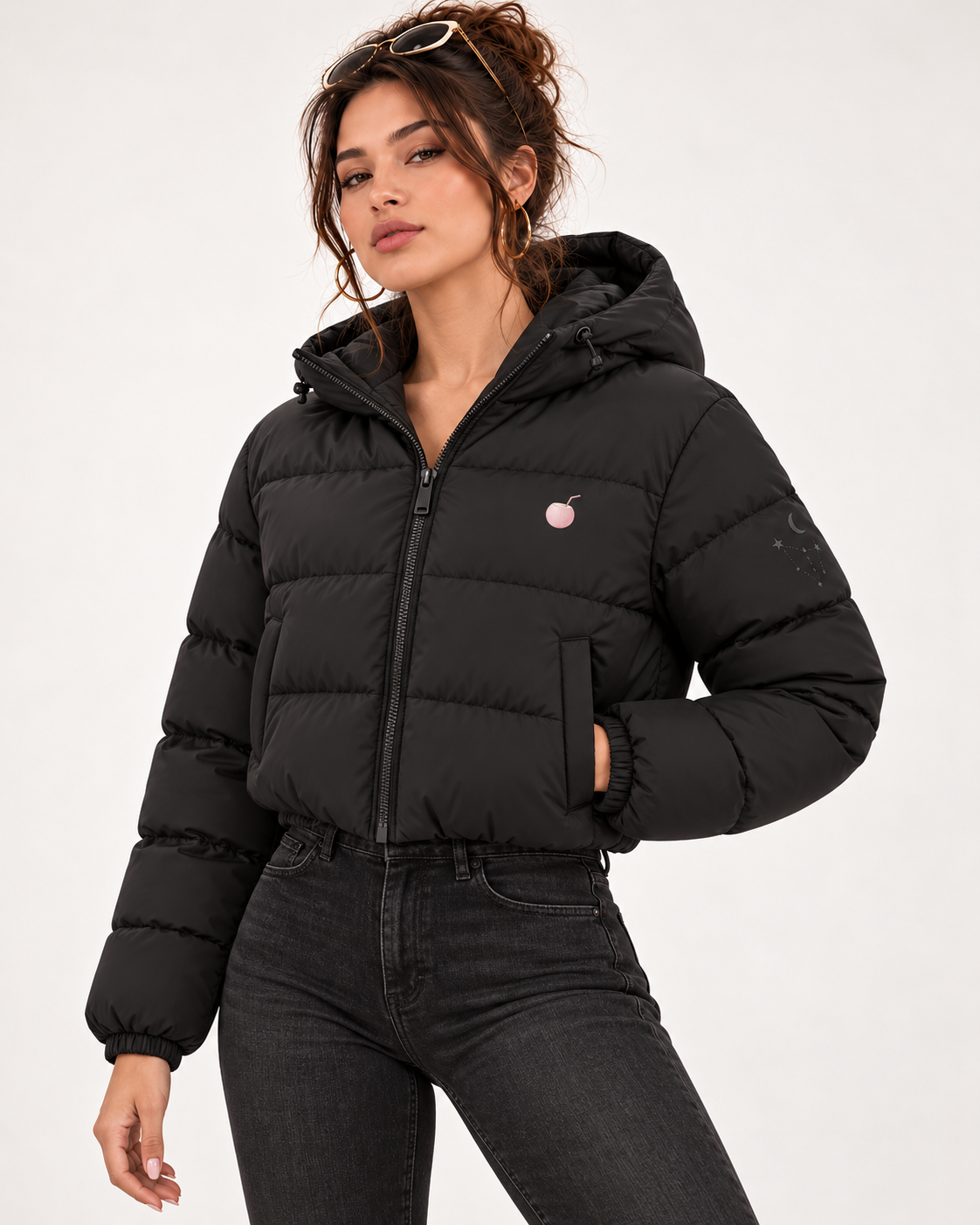 PinkyCoco Celestial black cropped hooded puffer jacket relaxed front view