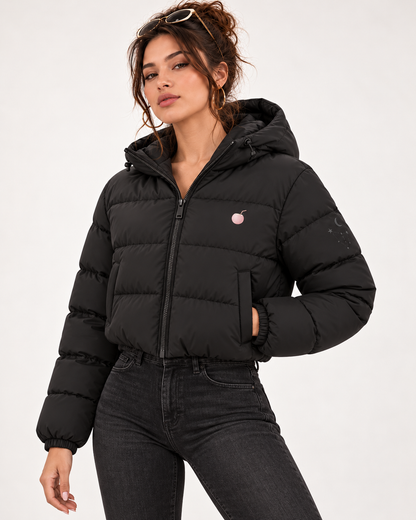 PinkyCoco Celestial black cropped hooded puffer jacket relaxed front view