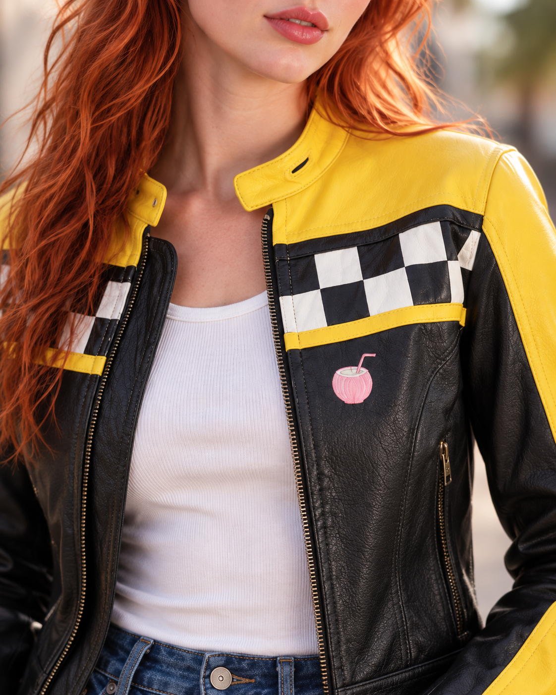 PinkyCoco Checkered Apex women's black and yellow leather racing jacket front view