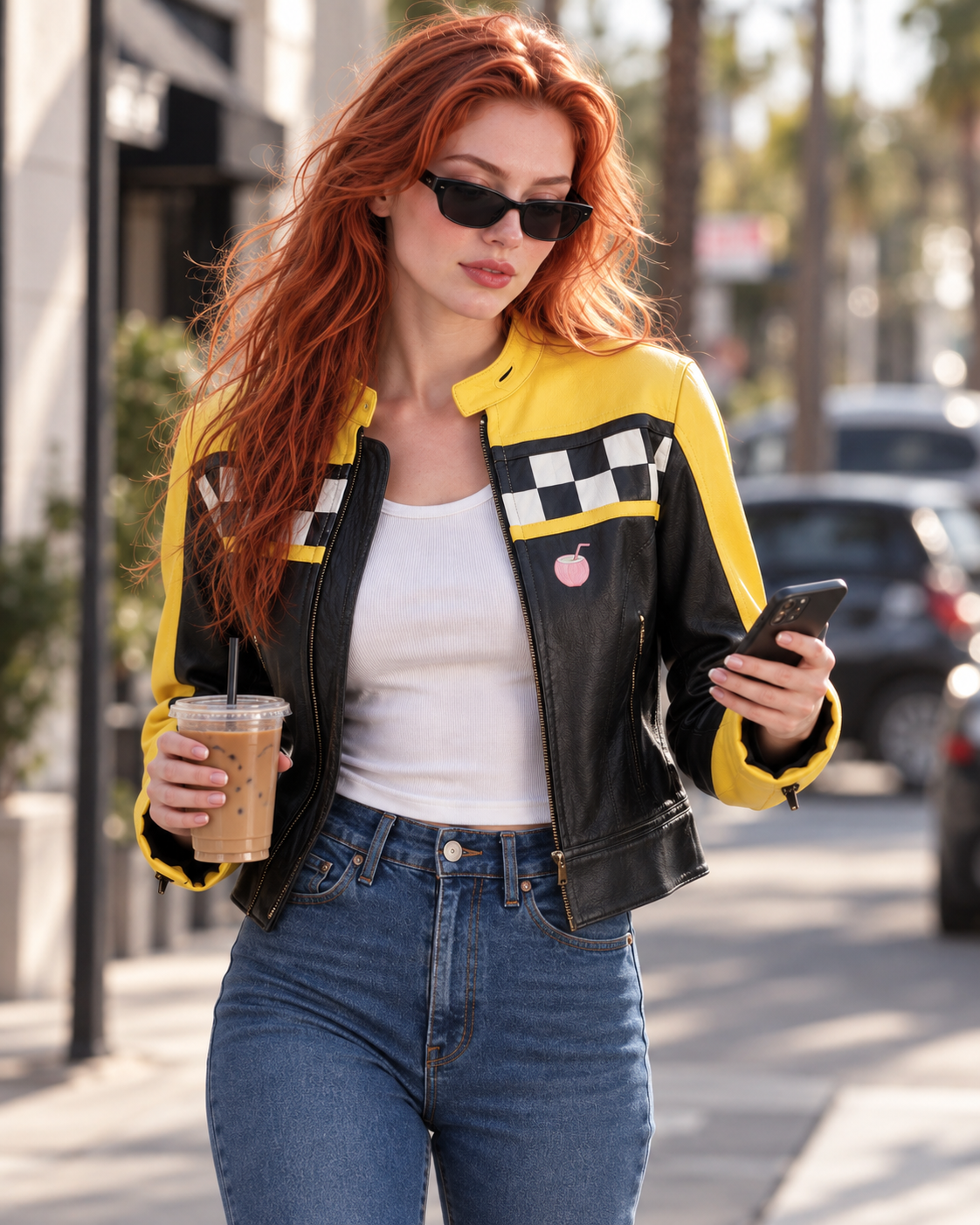 PinkyCoco Checkered Apex women's leather racing jacket three-quarter view