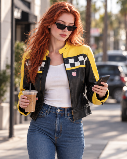 PinkyCoco Checkered Apex women's leather racing jacket three-quarter view