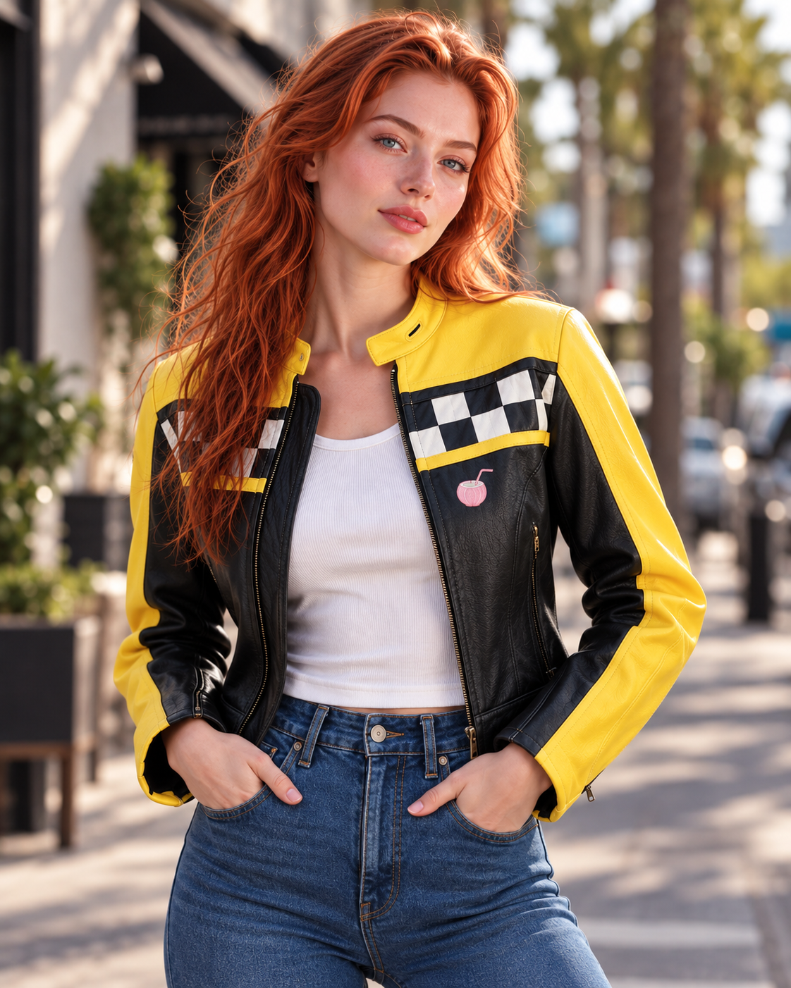 PinkyCoco Checkered Apex black yellow racing jacket back view