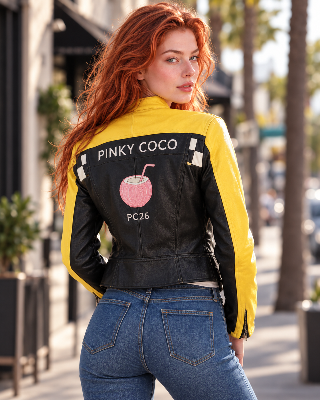 PinkyCoco Checkered Apex women's leather jacket side profile