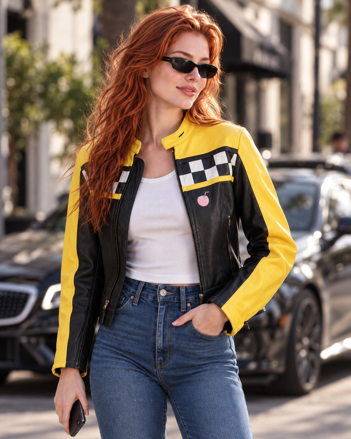 PinkyCoco Checkered Apex women's racing jacket lifestyle styling