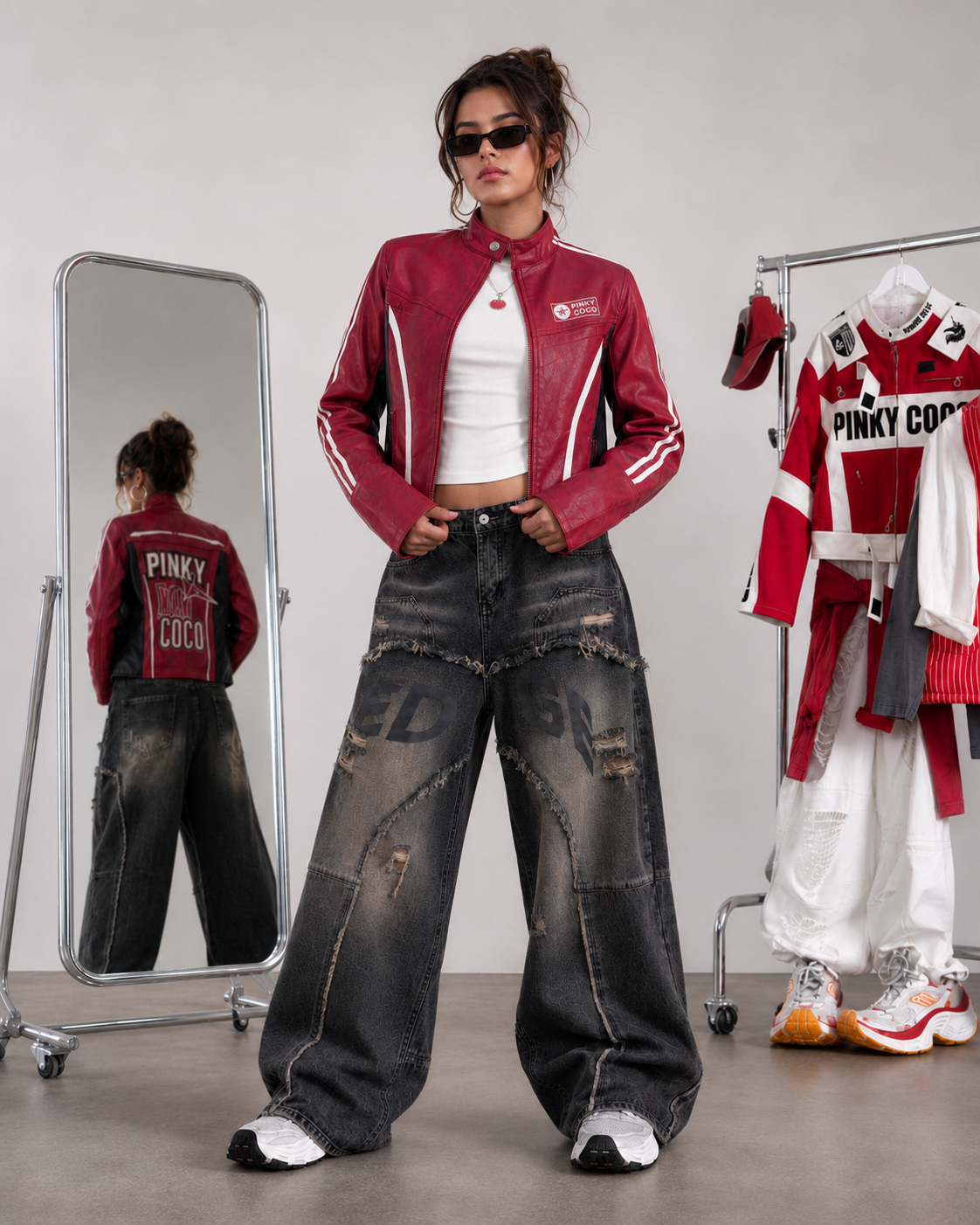 PinkyCoco Cherry Apex women's red moto racing jacket front model view