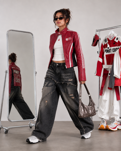PinkyCoco Cherry Apex red moto jacket full-length styling view