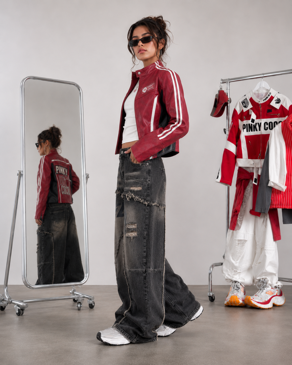 PinkyCoco Cherry Apex women's red racing jacket side model view