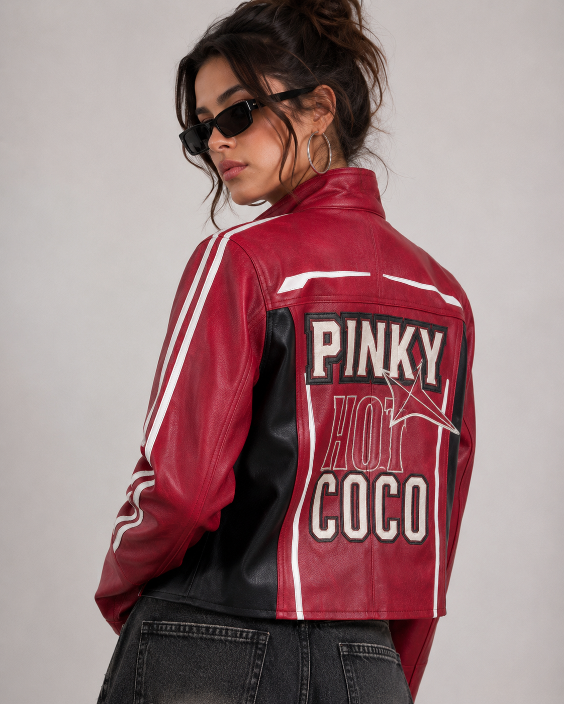 PinkyCoco Cherry Apex red moto jacket back graphic model view