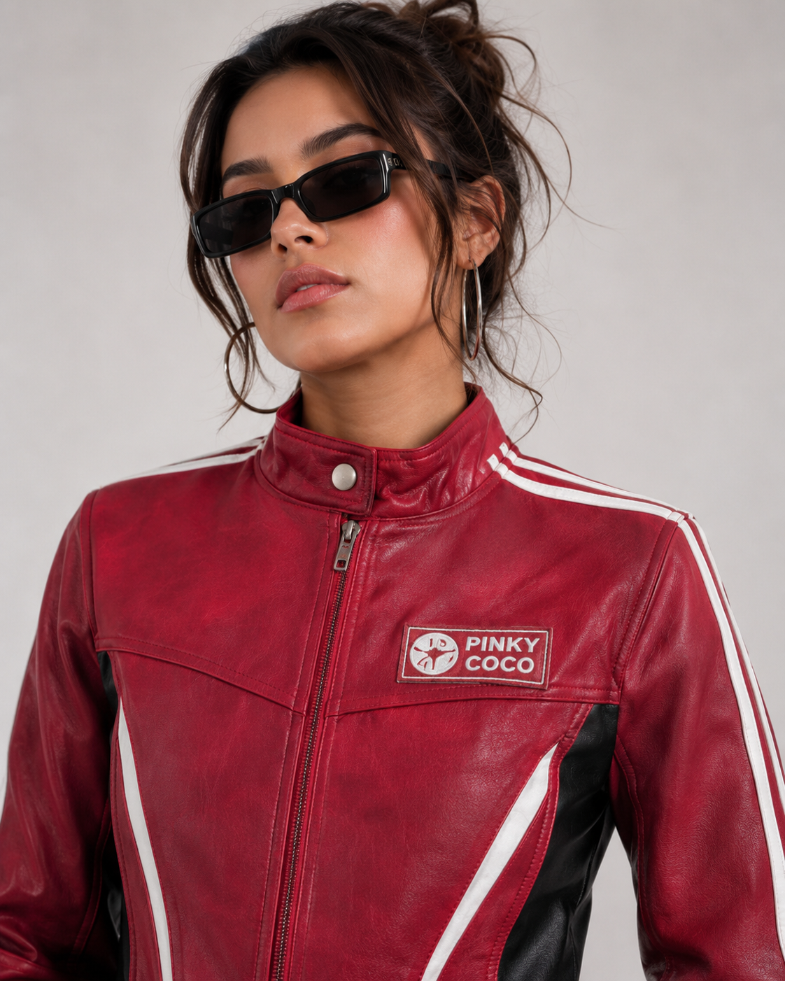 PinkyCoco Cherry Apex jacket chest logo zipper and stripe detail
