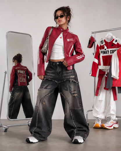 PinkyCoco Cherry Apex women's red racing jacket lifestyle mirror view
