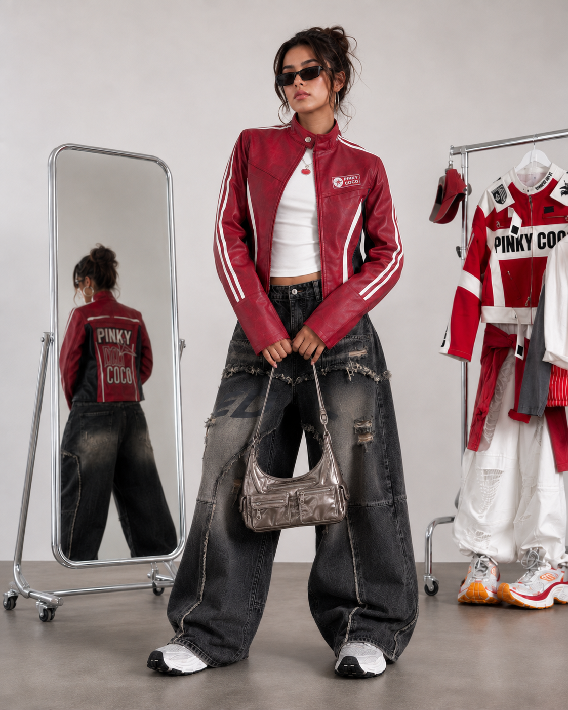PinkyCoco Cherry Apex women's red moto jacket accessory styling view
