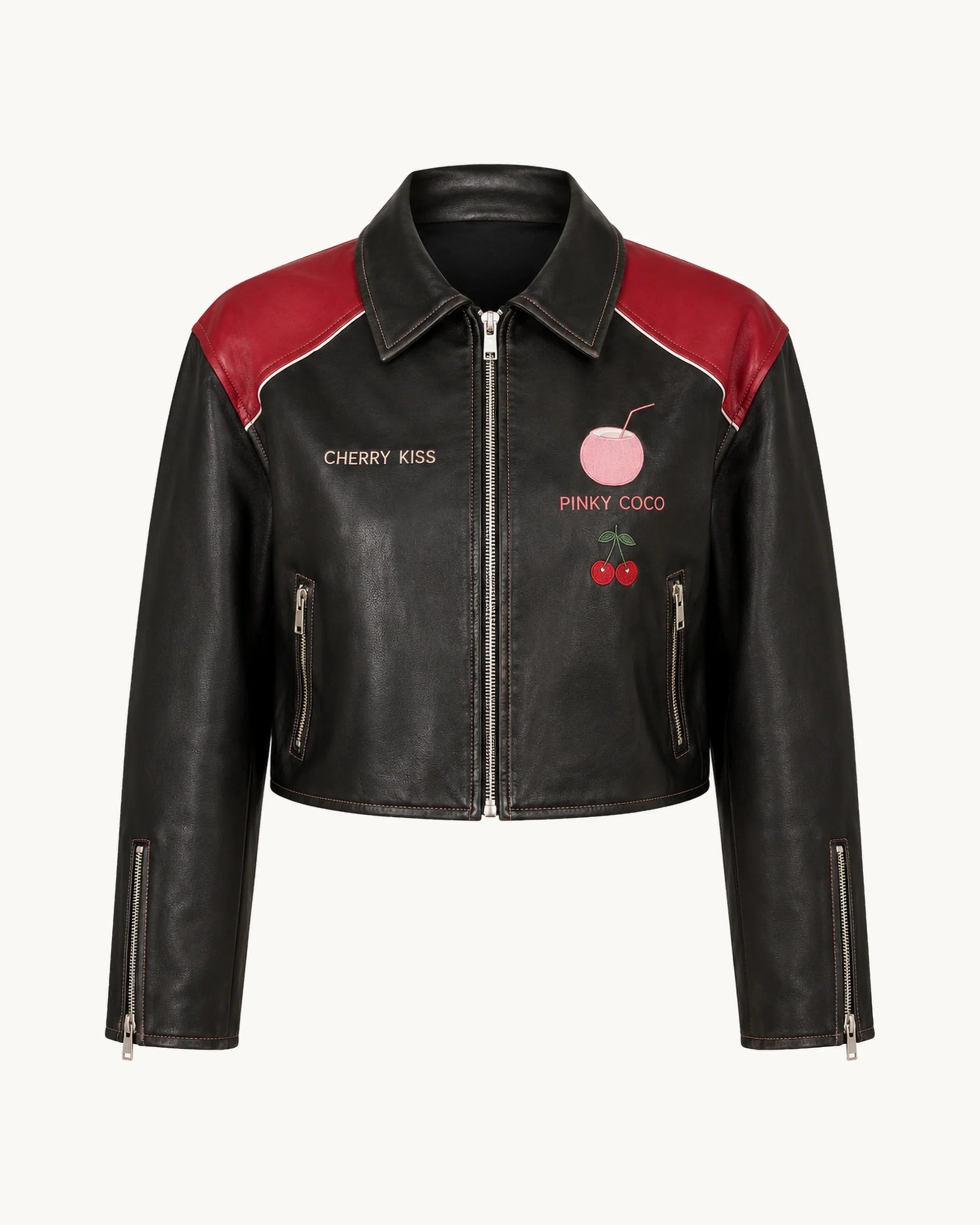 PinkyCoco Cherry Kiss Cropped Women's Leather Fashion Jacket, front thumbnail on warm ivory background