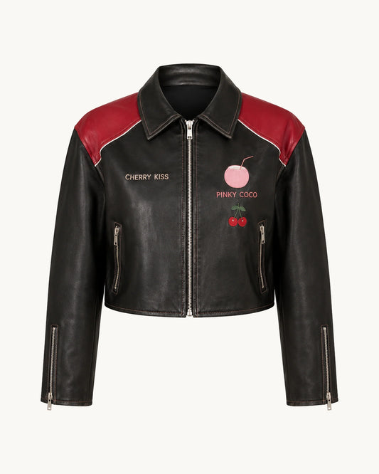 PinkyCoco Cherry Kiss Cropped Women's Leather Fashion Jacket, front thumbnail on warm ivory background