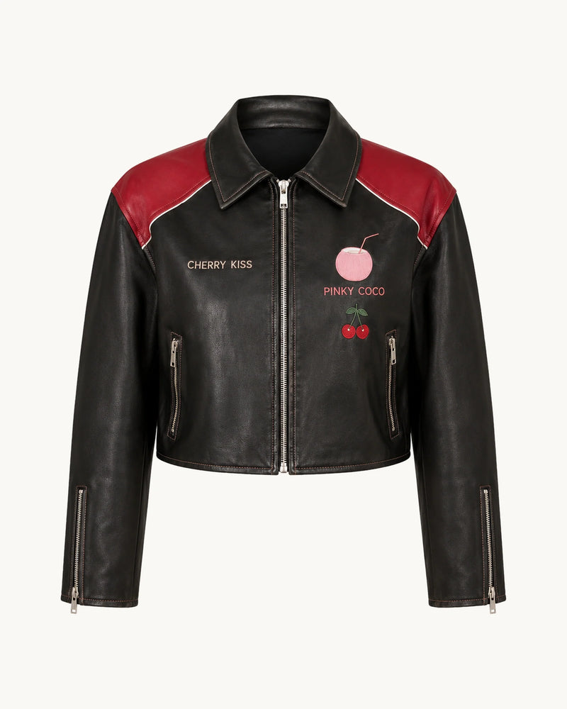 PinkyCoco Cherry Kiss Cropped Women's Leather Fashion Jacket