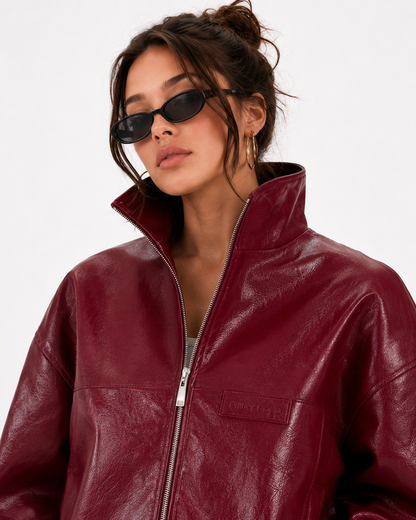 PinkyCoco Cherry Noir women's burgundy leather jacket front close model view