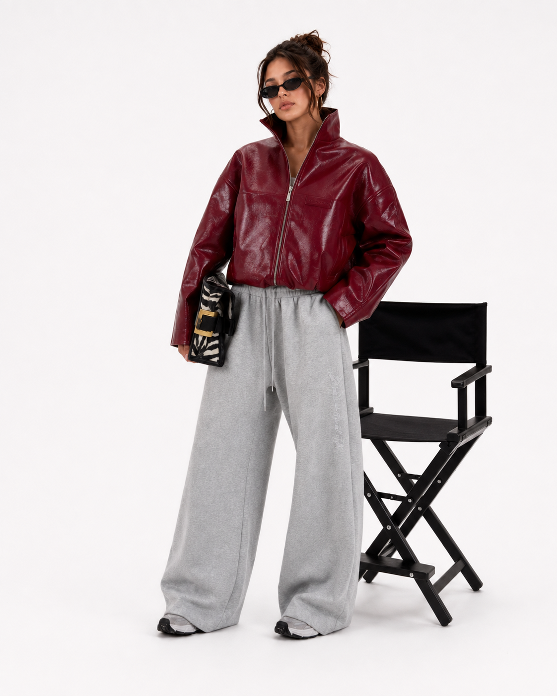 PinkyCoco Cherry Noir women's burgundy leather jacket full-length front styling
