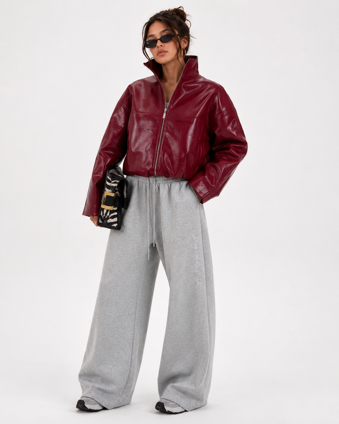 PinkyCoco Cherry Noir burgundy leather jacket relaxed front model view