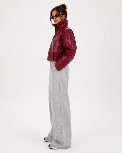PinkyCoco Cherry Noir women's leather jacket side profile view