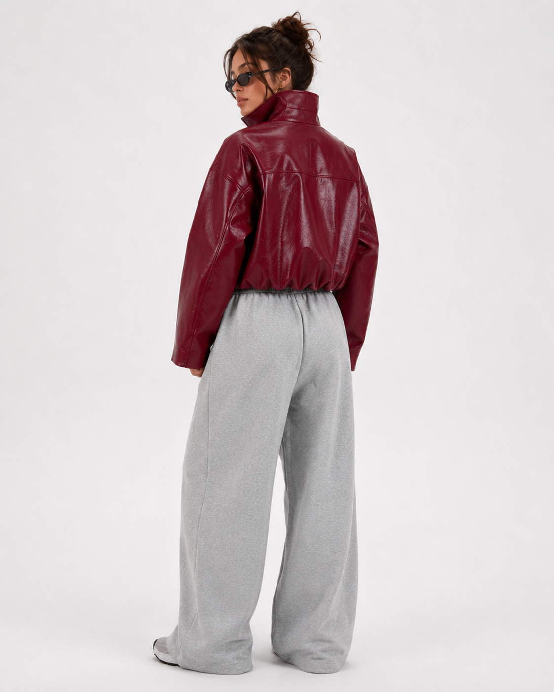 PinkyCoco Cherry Noir burgundy leather jacket back model view