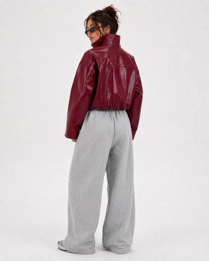 PinkyCoco Cherry Noir burgundy leather jacket back model view