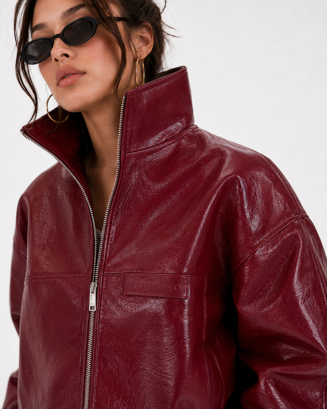 PinkyCoco Cherry Noir jacket high collar zipper and leather texture detail