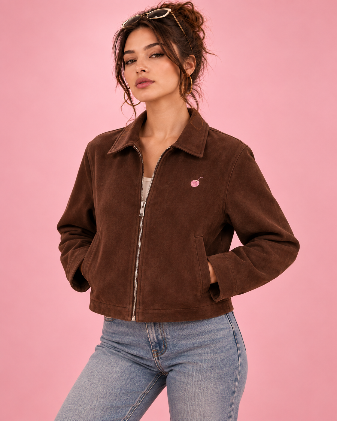 PinkyCoco Chocolate Boxy Zip women's suede jacket front model view