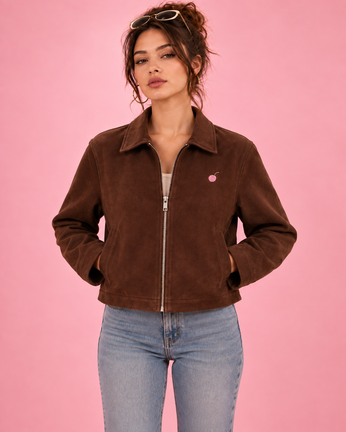PinkyCoco Chocolate Boxy Zip suede jacket straight front view
