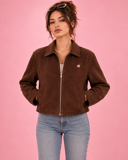 PinkyCoco Chocolate Boxy Zip suede jacket straight front view