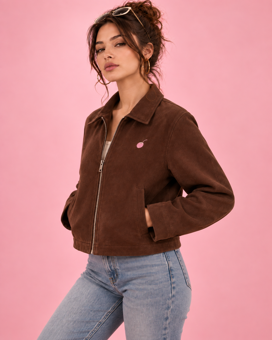 PinkyCoco Chocolate Boxy Zip women's jacket three-quarter front styling