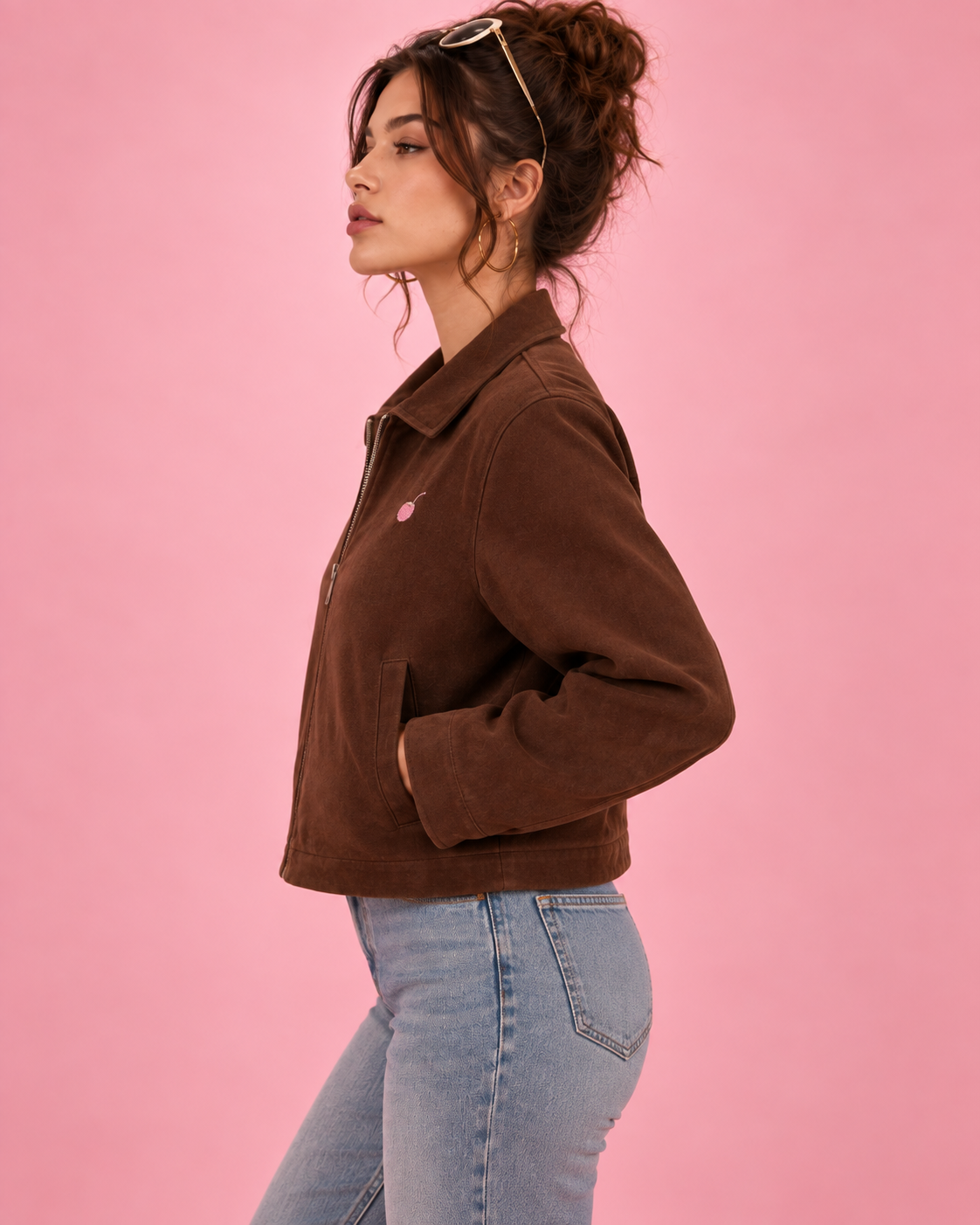 PinkyCoco Chocolate Boxy Zip suede jacket right side profile