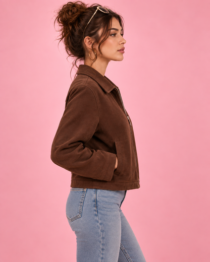 PinkyCoco Chocolate Boxy Zip women's jacket left side profile
