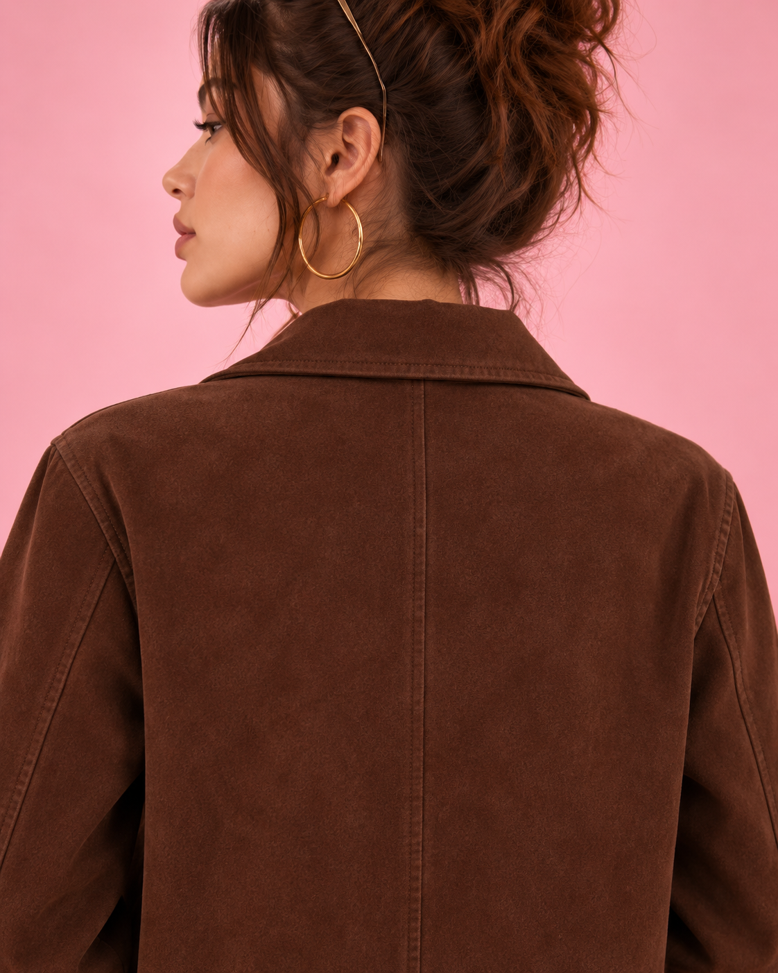 PinkyCoco Chocolate Boxy Zip suede jacket collar and back detail