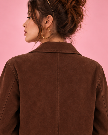 PinkyCoco Chocolate Boxy Zip suede jacket collar and back detail