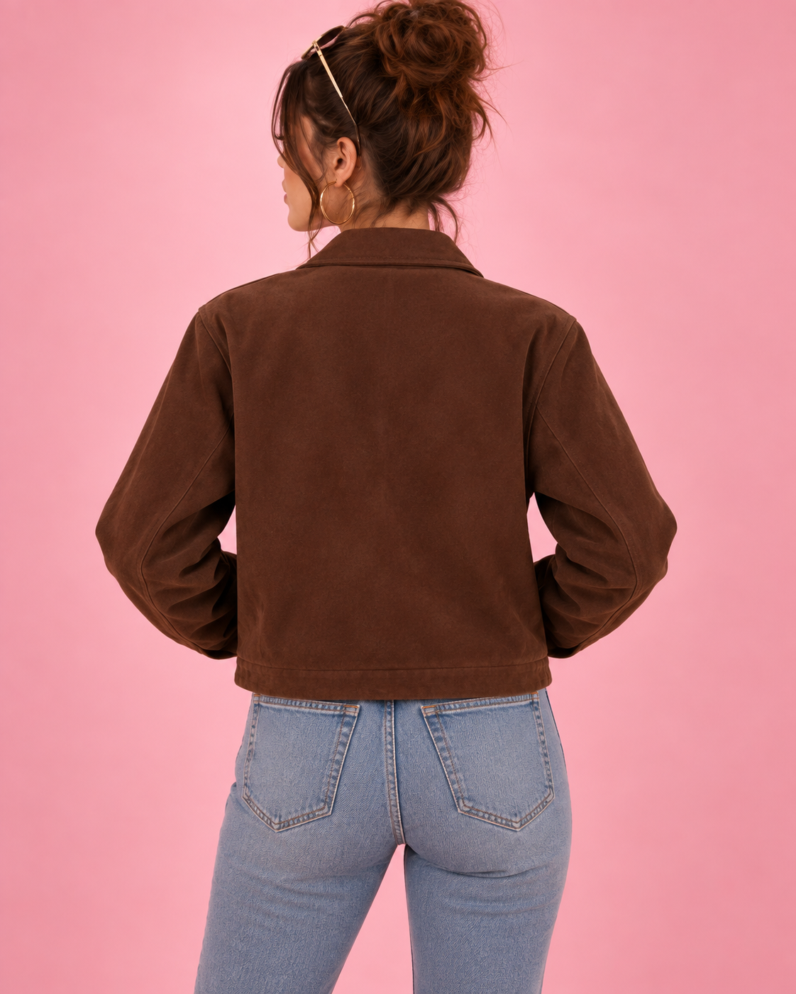 PinkyCoco Chocolate Boxy Zip women's suede jacket full back view