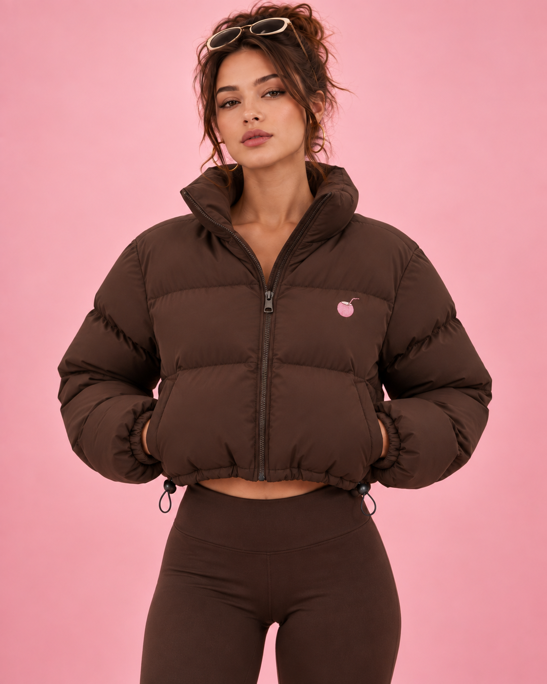 PinkyCoco Chocolate Funnel women's cropped puffer jacket front view