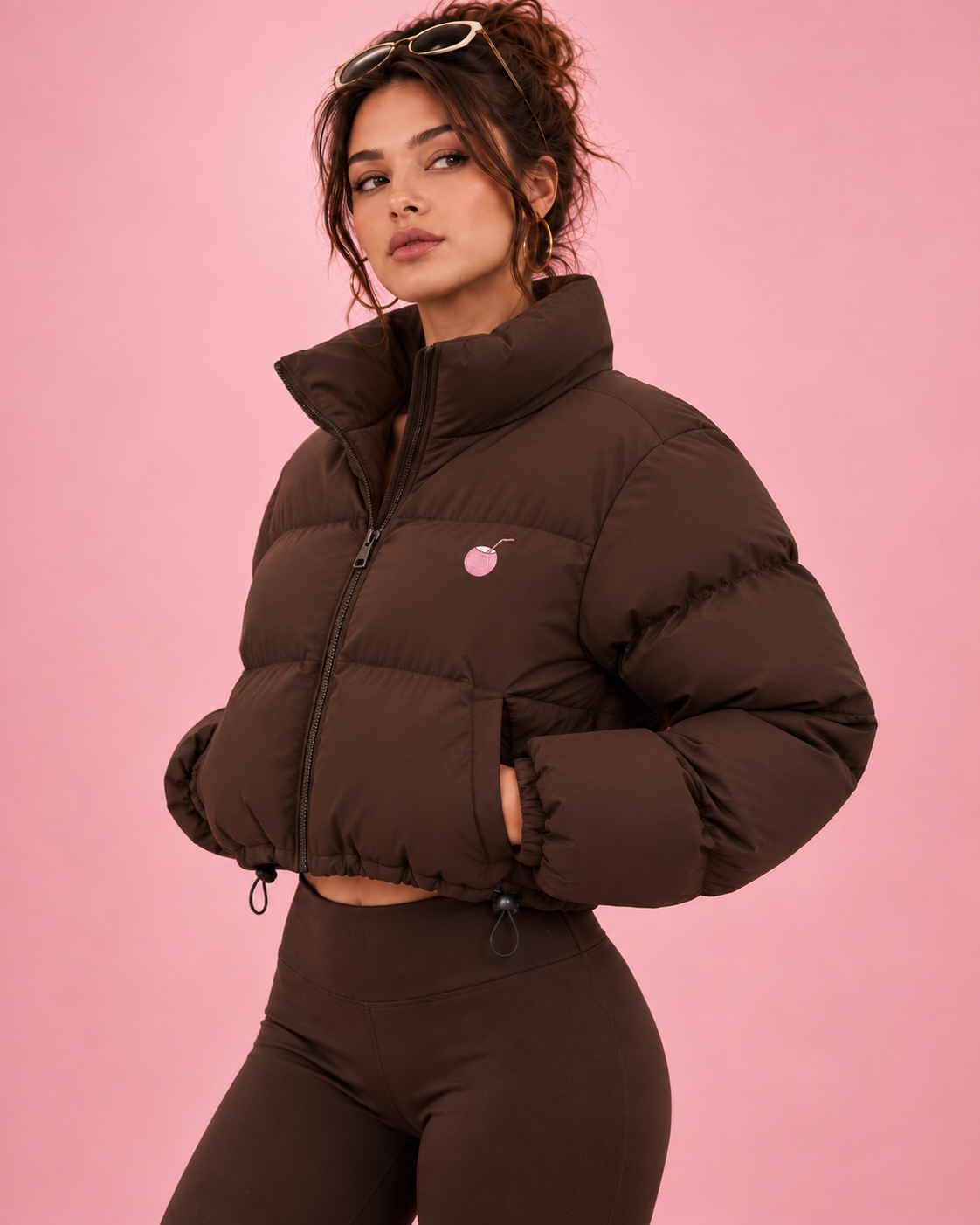 PinkyCoco Chocolate Funnel puffer jacket three-quarter front styling