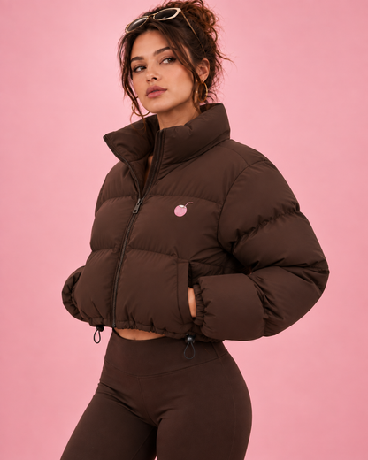 PinkyCoco Chocolate Funnel puffer jacket three-quarter front styling