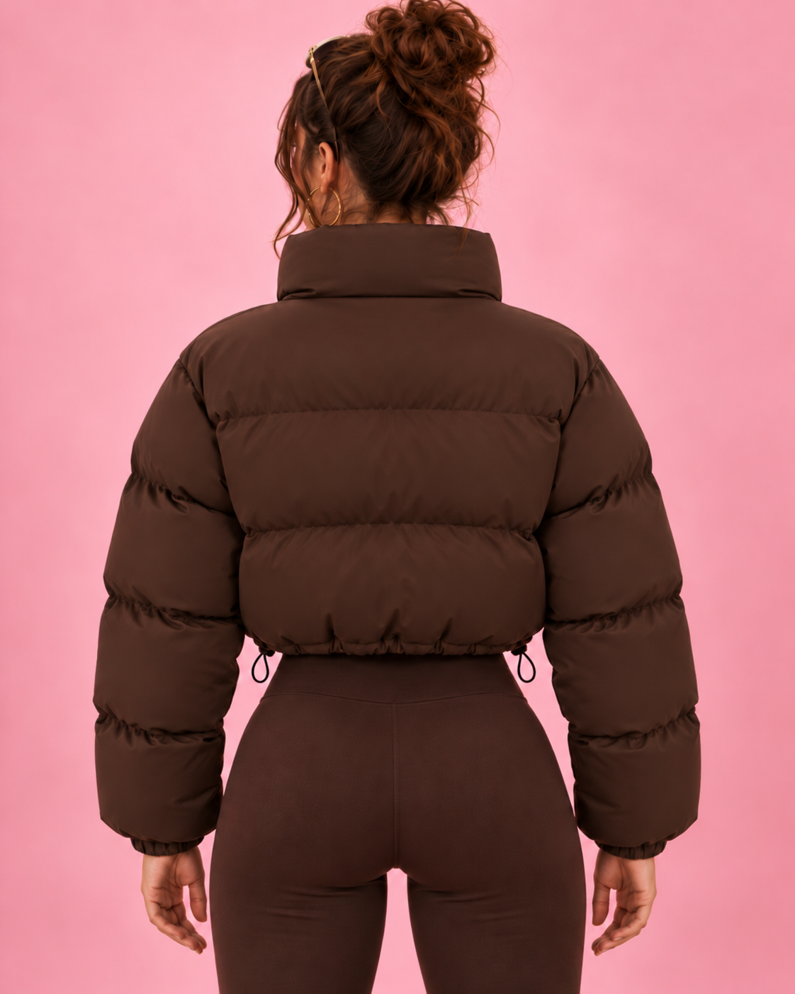 PinkyCoco Chocolate Funnel cropped puffer jacket full back view
