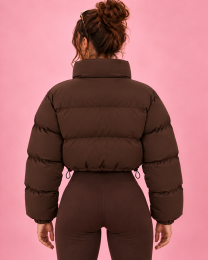 PinkyCoco Chocolate Funnel cropped puffer jacket full back view