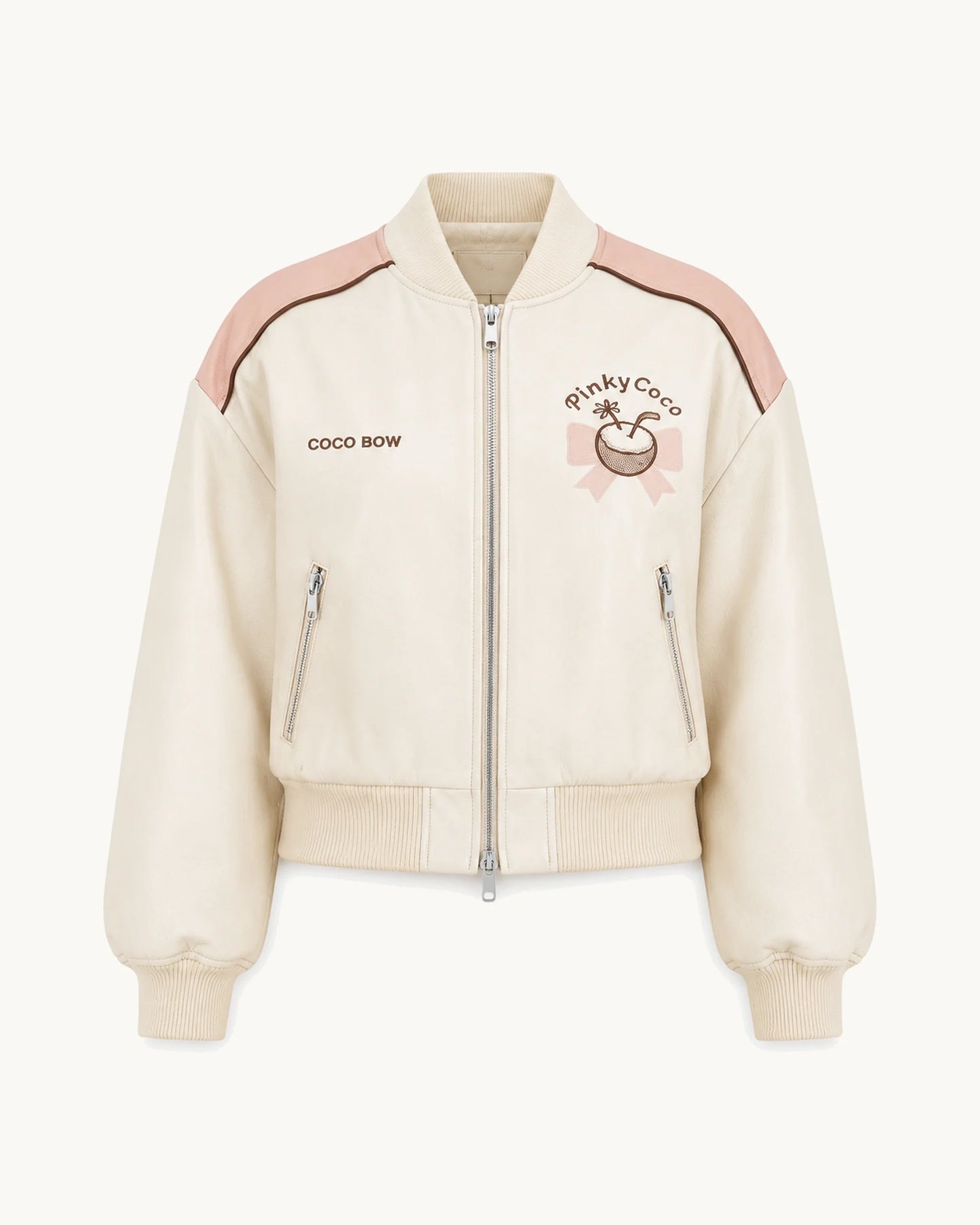 PinkyCoco Coco Bow Ivory Women's Satin Bomber Jacket, front thumbnail on warm ivory background