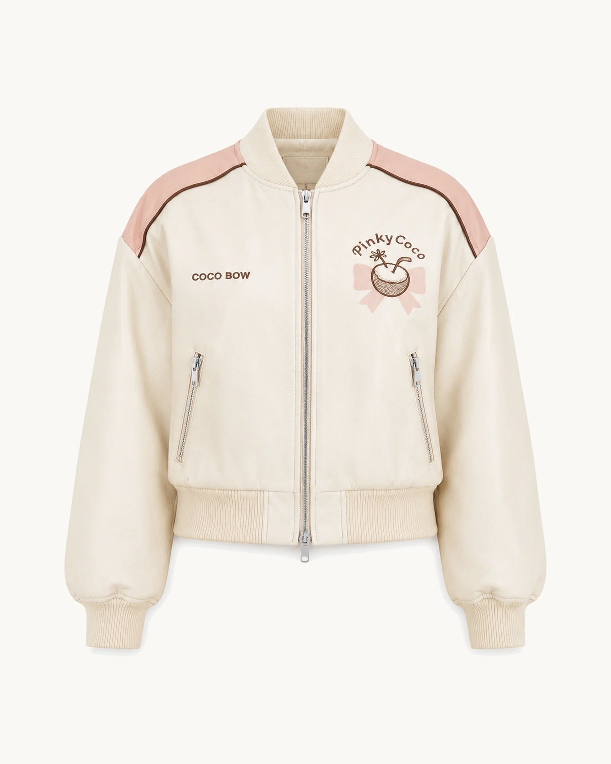 PinkyCoco Coco Bow Ivory Women's Satin Bomber Jacket, front thumbnail on warm ivory background