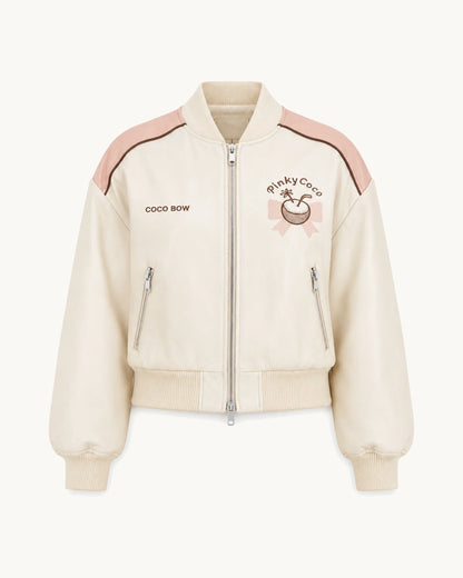 PinkyCoco Coco Bow Ivory Women's Satin Bomber Jacket, front thumbnail on warm ivory background