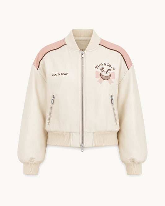 PinkyCoco Coco Bow Ivory Women's Satin Bomber Jacket, front thumbnail on warm ivory background