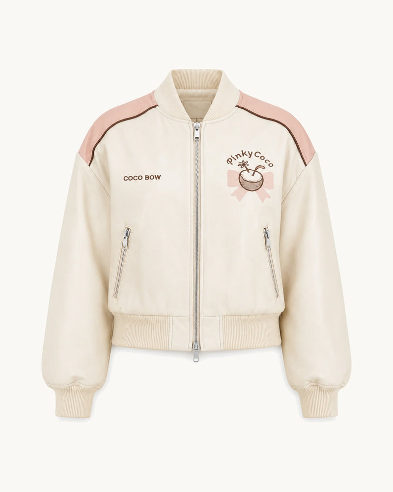 PinkyCoco Coco Bow Ivory Women's Satin Bomber Jacket